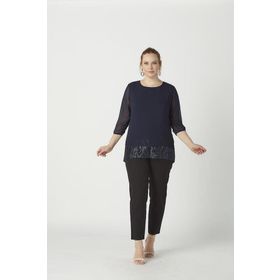 Moda Berray 4046 Lacivert Şifon Payet Dantel Kombinli Büyük Beden Şık Kadın Bluz