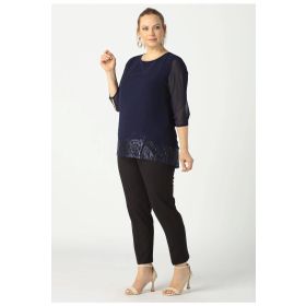 Moda Berray 4046 Lacivert Şifon Payet Dantel Kombinli Büyük Beden Şık Kadın Bluz