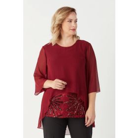 Moda Berray 4047 Bordo Şifon Payet Dantel Kombinli Büyük Beden Kadın Bluz