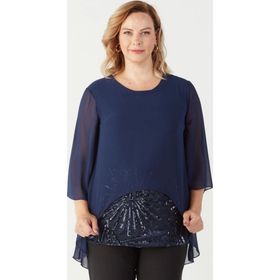 Moda Berray 4047 Lacivert Şifon Payet Dantel Kombinli Büyük Beden Kadın Bluz