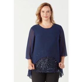 Moda Berray 4047 Lacivert Şifon Payet Dantel Kombinli Büyük Beden Kadın Bluz