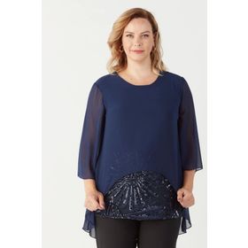 Moda Berray 4047 Lacivert Şifon Payet Dantel Kombinli Büyük Beden Kadın Bluz
