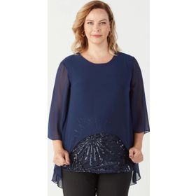 Moda Berray 4047 Lacivert Şifon Payet Dantel Kombinli Büyük Beden Kadın Bluz