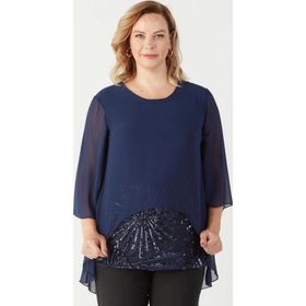 Moda Berray 4047 Lacivert Şifon Payet Dantel Kombinli Büyük Beden Kadın Bluz