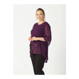 Moda Berray 4047 Mürdüm Şifon Payet Dantel Kombinli Büyük Beden Kadın Bluz