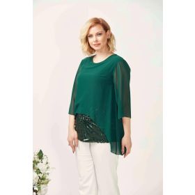 Moda Berray 4047 Yeşil Şifon Payet Dantel Kombinli Büyük Beden Kadın Bluz