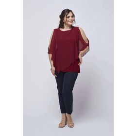Moda Berray 4050 Bordo Taşlı Pelerinli Şifon Büyük Beden Şık Kadın Bluz