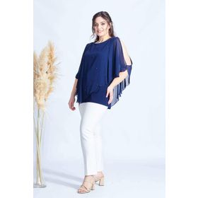 Moda Berray 4050 Lacivert Taşlı Pelerinli Şifon Büyük Beden Şık Kadın Bluz