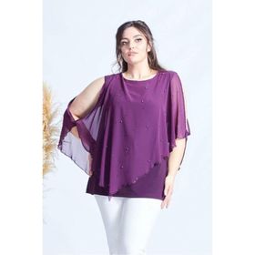 Moda Berray 4050 Mürdüm Taşlı Pelerinli Şifon Büyük Beden Şık Kadın Bluz