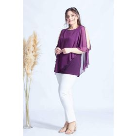 Moda Berray 4050 Mürdüm Taşlı Pelerinli Şifon Büyük Beden Şık Kadın Bluz