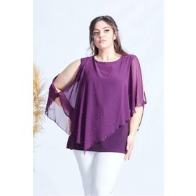 Moda Berray 4050 Mürdüm Taşlı Pelerinli Şifon Büyük Beden Şık Kadın Bluz
