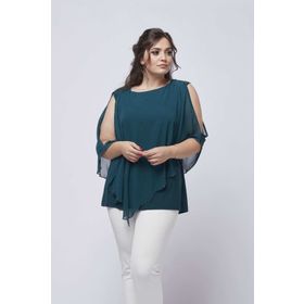 Moda Berray 4050 Petrol Taşlı Pelerinli Şifon Büyük Beden Şık Kadın Bluz
