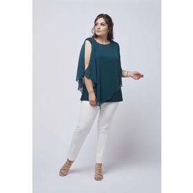 Moda Berray 4050 Petrol Taşlı Pelerinli Şifon Büyük Beden Şık Kadın Bluz