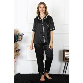 Moda Çizgi 10303 Büyük Beden Siyah Saten Kadın Pijama Takımı