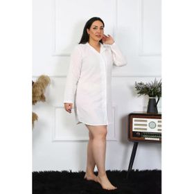 Moda Çizgi 12201 Büyük Beden Pamuk Dokuma Düğmeli Uzun Kol Ekru Tunik Kadın Gecelik