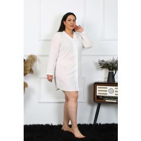 Moda Çizgi 12201 Büyük Beden Pamuk Dokuma Düğmeli Uzun Kol Ekru Tunik Kadın Gecelik