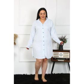 Moda Çizgi 12202 Büyük Beden Pamuk Düğmeli Uzun Kol Mavi Tunik Kadın Gecelik