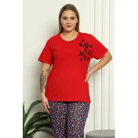 Moda Çizgi 202144 Kırmızı %100 Pamuk Kısa Kol Büyük Beden Kadın Pijama Takımı