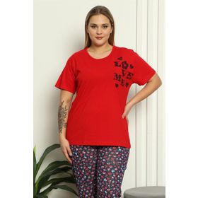 Moda Çizgi 202144 Kırmızı %100 Pamuk Kısa Kol Büyük Beden Kadın Pijama Takımı