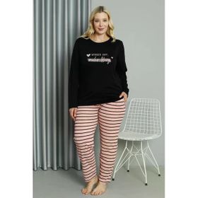 Moda Çizgi 202210 Siyah Büyük Beden Penye Uzun Kol Kadın Pijama Takımı