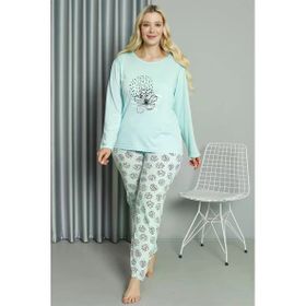 Moda Çizgi 202211 Su Yeşili Büyük Beden Penye Uzun Kol Kadın Pijama Takımı