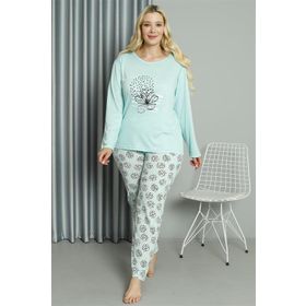 Moda Çizgi 202211 Su Yeşili Büyük Beden Penye Uzun Kol Kadın Pijama Takımı