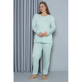 Moda Çizgi 202212 Su Yeşili Büyük Beden Penye Uzun Kol Kadın Pijama Takımı