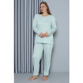 Moda Çizgi 202212 Su Yeşili Büyük Beden Penye Uzun Kol Kadın Pijama Takımı