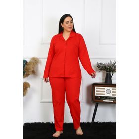 Moda Çizgi 202401 Büyük Beden Pamuklu Cepli Düğmeli Kırmızı Kadın Pijama Takımı