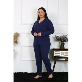 Moda Çizgi 202401 Büyük Beden Pamuklu Cepli Düğmeli Lacivert Kadın Pijama Takımı