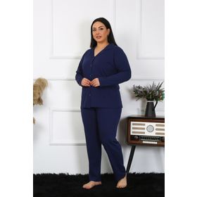 Moda Çizgi 202401 Büyük Beden Pamuklu Cepli Düğmeli Lacivert Kadın Pijama Takımı