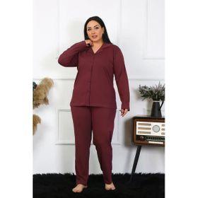 Moda Çizgi 202401 Büyük Beden Pamuklu Cepli Düğmeli Mürdüm Kadın Pijama Takımı