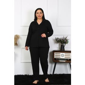 Moda Çizgi 202401 Büyük Beden Pamuklu Cepli Düğmeli Siyah Kadın Pijama Takımı