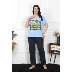 Moda Çizgi 202402 Büyük Beden Mavi Kadın Pijama Takımı