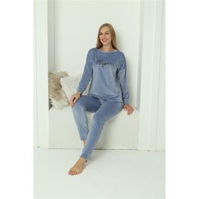 Moda Çizgi 20624 Kadife Mavi Kadın Pijama Takımı