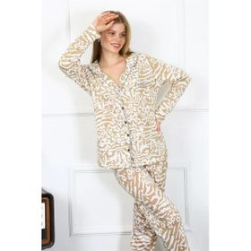 Moda Çizgi 2780 Sütlü Kahve Penye Uzun Kol Önden Düğmeli Kadın Pijama Takımı