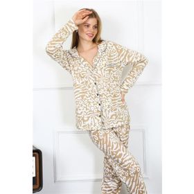 Moda Çizgi 2780 Sütlü Kahve Penye Uzun Kol Önden Düğmeli Kadın Pijama Takımı