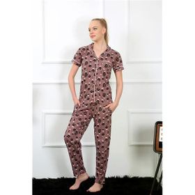 Moda Çizgi 2844 Kahve Önden Düğmeli Kısa Kol Kadın Pijama Takımı