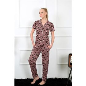 Moda Çizgi 2844 Kahve Önden Düğmeli Kısa Kol Kadın Pijama Takımı