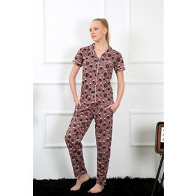 Moda Çizgi 2844 Kahve Önden Düğmeli Kısa Kol Kadın Pijama Takımı