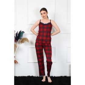 Moda Çizgi 4135 Bordo İp Askılı Kırmızı Ekoseli Kadın Pijama Takımı