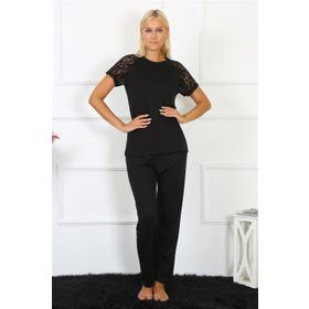 Moda Çizgi 4147 Siyah Kolu Dantelli Penye Kadın Pijama Takımı