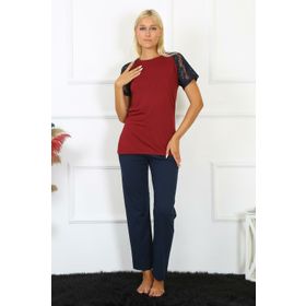 Moda Çizgi 4149 Bordo Kolu Dantelli Penye Kadın Pijama Takımı