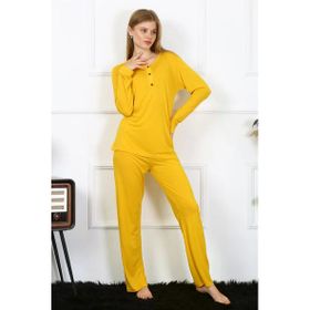 Moda Çizgi 4167 Sarı Penye Uzun Kol Patlı Kadın Pijama Takımı