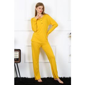 Moda Çizgi 4167 Sarı Penye Uzun Kol Patlı Kadın Pijama Takımı