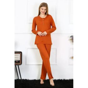 Moda Çizgi 4168 Kiremit Penye Uzun Kol Patlı Kadın Pijama Takımı