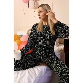 Moda Çizgi 4180 Siyah Uzun Kol 3 İplik Penye Kadın Pijama Takımı