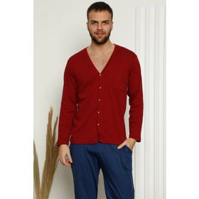 Moda Çizgi 6767 Bordo %100 Pamuk Önden Düğmeli Cepli Uzun Kollu Erkek Pijama Takımı