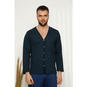 Moda Çizgi 6768 Lacivert %100 Pamuk Önden Düğmeli Cepli Uzun Kollu Erkek Pijama Takımı