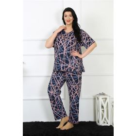 Moda Çizgi 75008 Lacivert Büyük Beden Kısa Kol Kadın Pijama Takımı